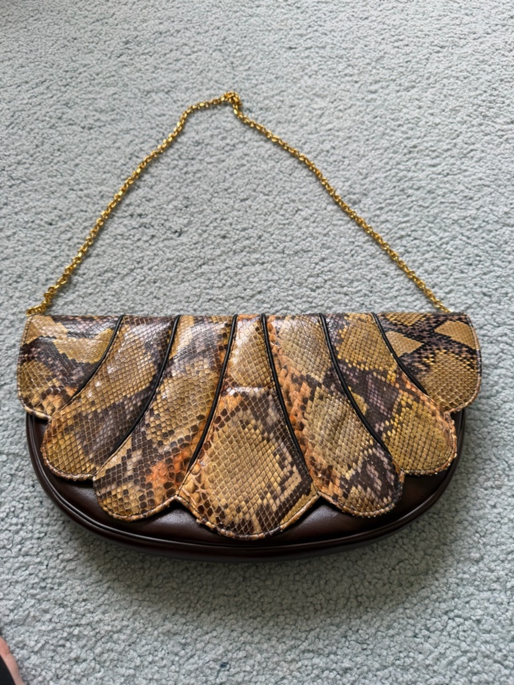 Caprise Snake-Print Scalloped Shoulder Bag in Brown and Tan